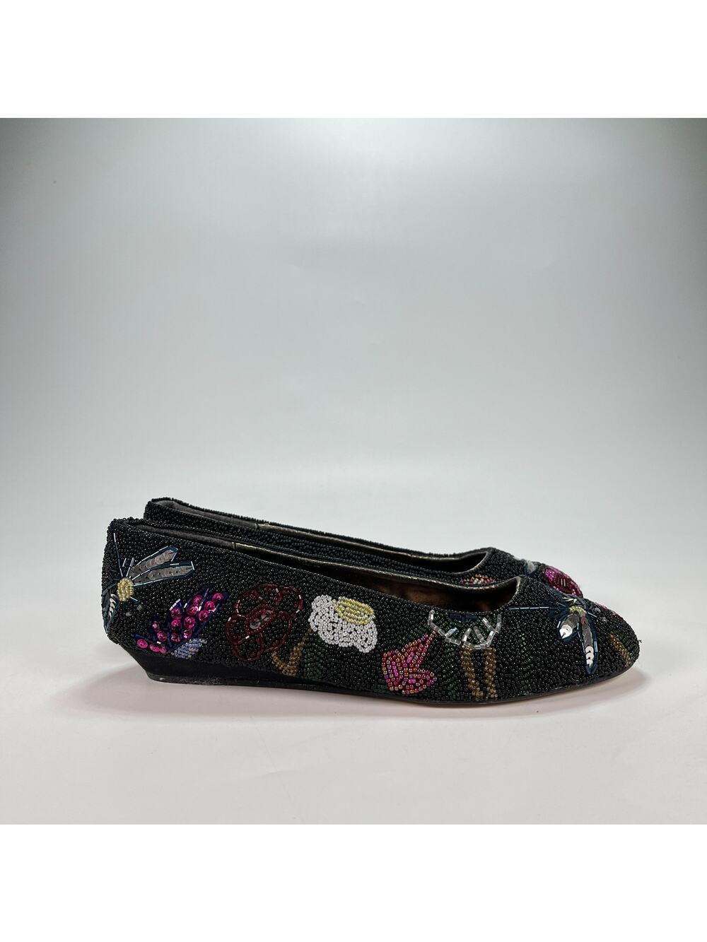 Vintage Flirt Black Beaded Floral Ballet Flats Shoes Women's Size US 8.5 EU 39